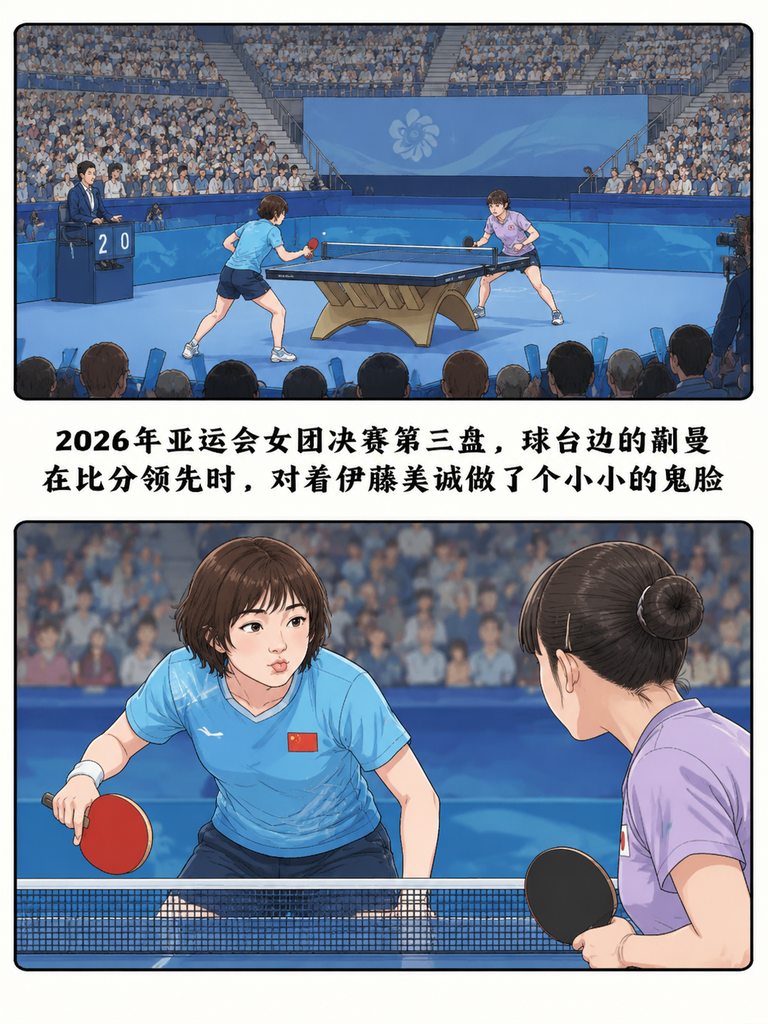 2026亚运女团决赛，蒯曼对着伊藤美诚做鬼脸，赛后被骂不尊重，没人敢说她输！

当年伊藤是国乒专门安排陪练模仿的劲敌，硬生生被拆解成送分题。

可谁能想到，2025还跟她打到3比2险胜的蒯曼，今年竟把伊藤压得全程没像样进攻？

那一脸漫不经心的鬼脸，到底是轻敌还是另有深意？