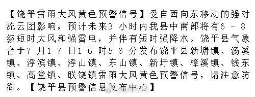 【饶平雷雨大风黄色预警信号】受自西向东移动的强对流云团影响，预计未来3...
