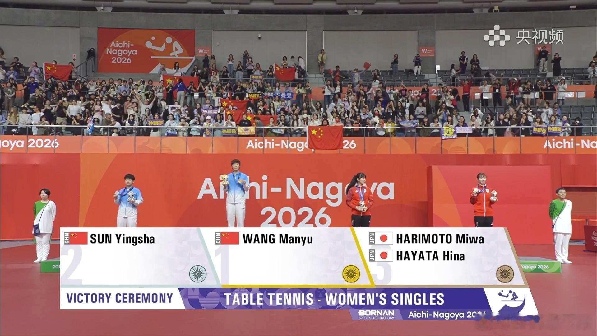 【颁奖｜亚运会乒乓球女单】
🏅金牌：王曼昱（中国）
🥈银牌：孙颖莎（中国）
🥉铜牌：张本美和、早田希娜（日本）
女单决赛国乒内战，王曼昱4-2击败孙颖莎，拿下亚运女单冠军。
颁奖时刻，五星红旗在赛场升起，金银牌包揽，为国乒喝彩！
全力以赴，两位选手都值得掌声。#体育看不停##颁奖仪式# ​