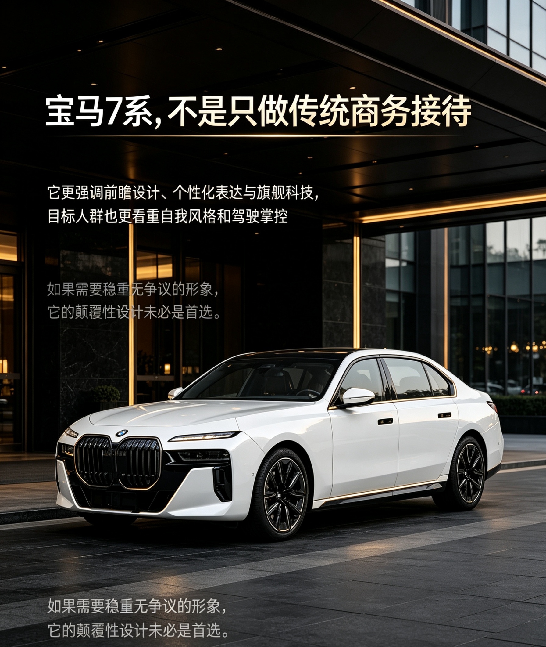 宝马7系早已不是传统意义上只用于商务接待的旗舰轿车。它的定位更偏向用颠覆性设计、个性化定制和前沿科技，满足重视自我表达与驾驶掌控感的高净值用户。对喜欢新鲜科技、强调个人风格的人来说，7系有足够强的存在感；但如果购车需求是稳重、低调、无争议的商务形象，它未必是最稳妥的选择。购车前应先确认，你要的是“传