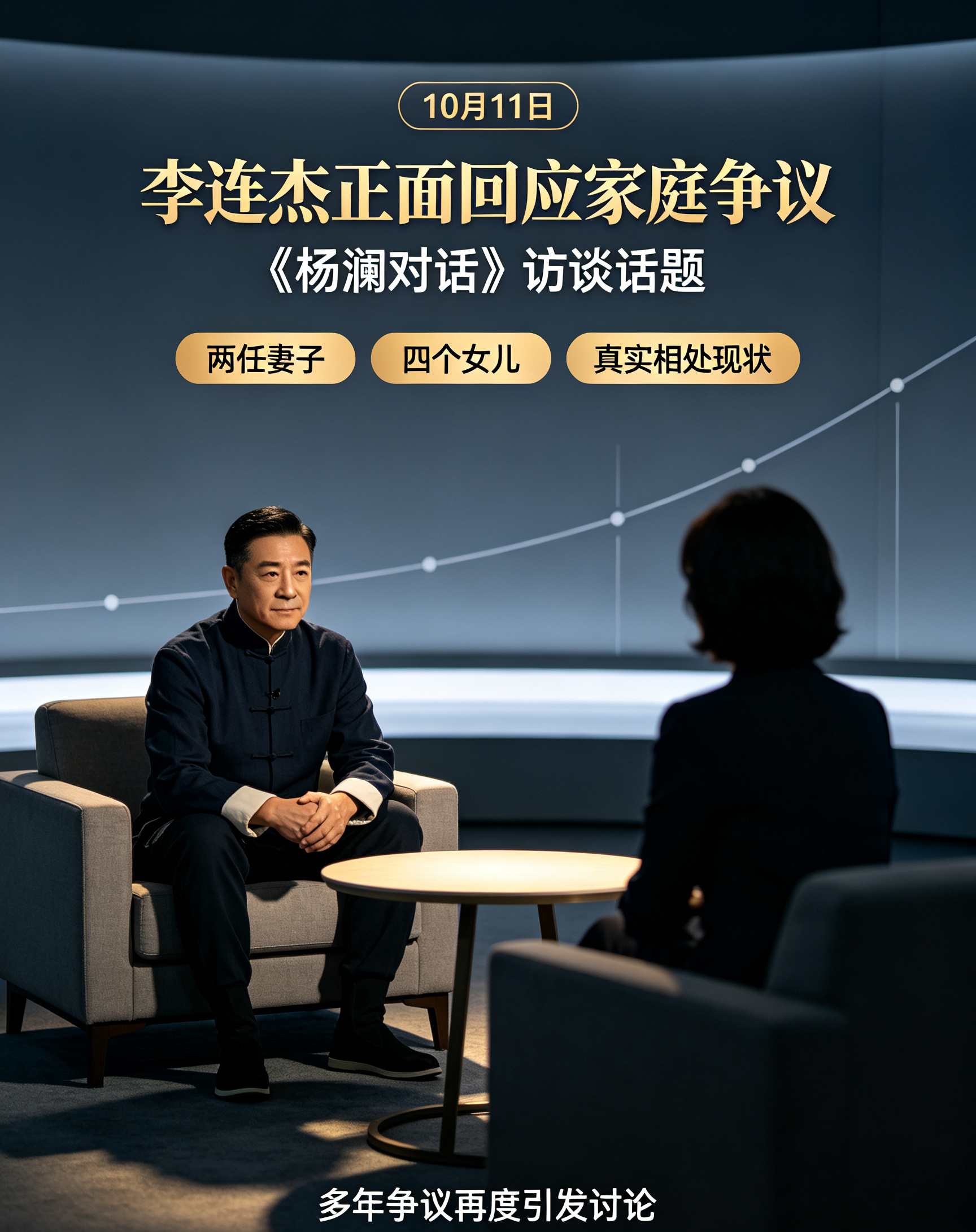 10月11日，李连杰做客《杨澜对话》，直面多年来“抛妻弃子”的网络争议，首度公开聊起两任妻子、四个女儿的家庭真实状况。
 
李连杰澄清：当年离婚双方握手言和，财产留给前妻，孩子由他负责抚养，不存在弃子一说。他提到现任妻子利智十分开明，为减少后妈相处矛盾，由利智规划女儿们成长，保障孩子们一辈子生活无忧
