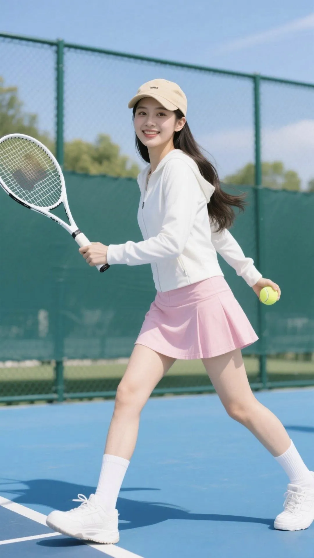 阳光下的网球场，小姐姐手持球拍与网球，青春活力满溢，尽显运动风采。