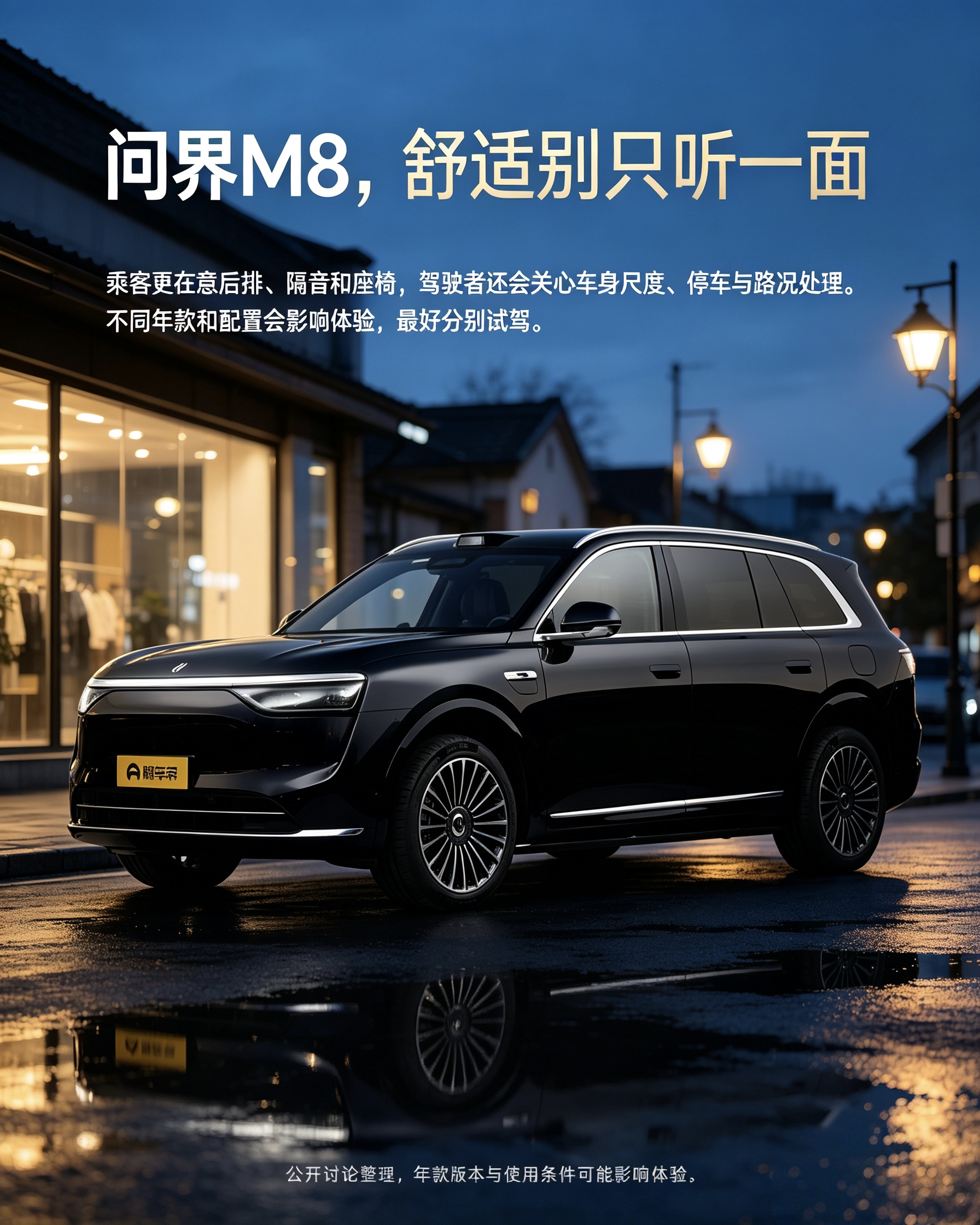 问界M8
网上都说它舒适性强，但舒适感是两面的。后排乘客看重座椅、隔音；开车的人，关心车身好不好停车，底盘处理烂路的表现。买车不能只听单方面评价，最好驾驶员和乘客都去试驾体验。【来自懂车帝车友圈】