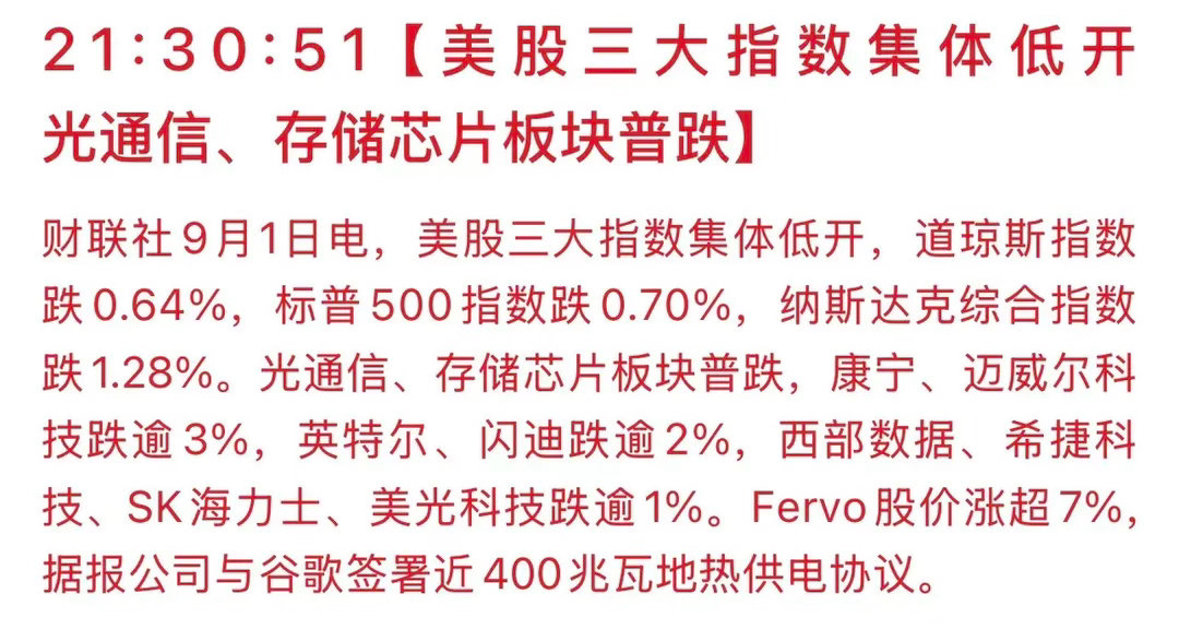 重磅！美股集体低开，科技硬件板块集体走弱，直接映射海外流动性压力。

事件解读：
美股三大指数全线低开，纳指跌幅最大跌1.28%。光通信、存储芯片板块普跌，康宁、迈威尔科技大跌超3%，英特尔、闪迪跌超2%，美光、SK海力士同步下挫。地热供电标的Fervo逆势大涨7%，利好AI算力绿电方向。

下跌核心诱 ​
