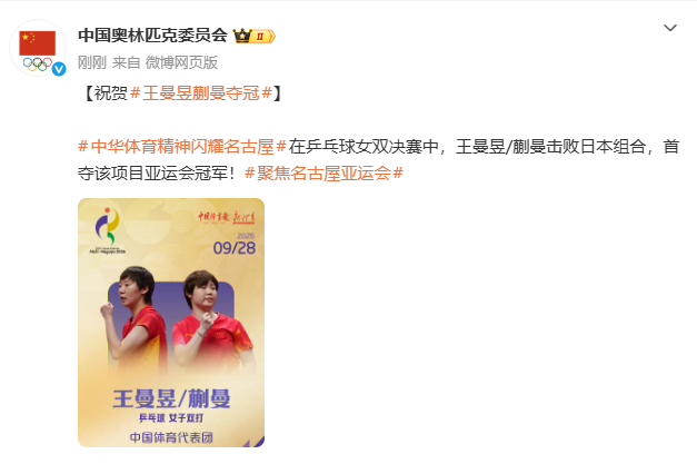 【#中国奥委会祝贺王曼昱蒯曼夺冠#】9月28日，名古屋亚运会乒乓球女双决赛，王曼昱/蒯曼4-0击败张本美和/早田希娜拿下金牌！男单赛场王楚钦、林诗栋会师决赛，提前包揽金银牌。至此国乒本届亚运会收获6金4银1铜。赛后，中国奥林匹克委员会发文，祝贺王曼昱蒯曼夺冠。#王曼昱蒯曼vs张本美和早田希娜#  ​