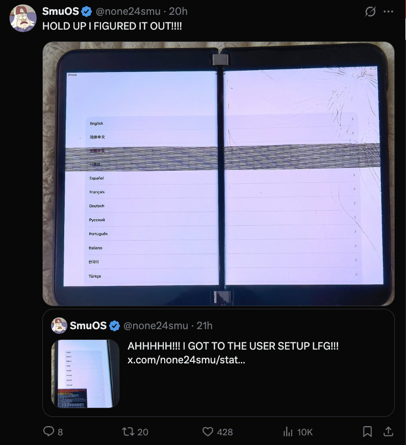 【铺路铺到苹果家：开发者成功令微软 Surface Duo 2 运行 iPadOS 26 系统】开发者 展示了跨平台移植新成果，让微软 Surface Duo 2 成功运行 iPadOS 26。项目仍处早期阶段，但已实现双屏运行与硬件加速，帧率从 3-10 FPS 提升至 37 FPS。开发者还计划将 iOS 移植到初代 Surface Duo。#Su…… ​