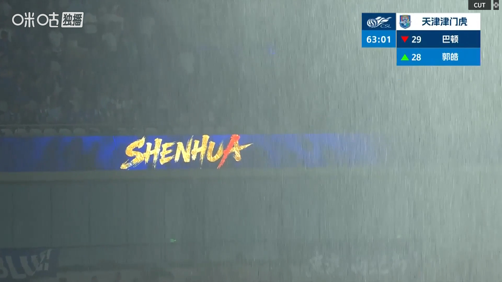 下半场比赛上海当地突降大雨，场地积水严重。比赛到70分钟，裁判宣布比赛...