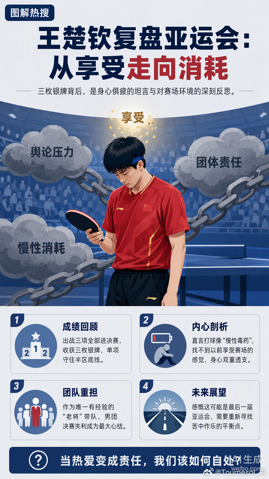 #王楚钦复盘亚运会#王楚钦那句打球像中了“慢性毒药”，看完心里一下子就懂了。
 
曾经拿起球拍就满心欢喜，眼里只有球，享受每一次对拉、每一分博弈。可走到现在，赛场不再只是单纯打球的地方。
 
肩上扛着队伍的期待、外界无数的目光，每一场输赢都会被无限放大。热爱慢慢变成沉甸甸的责任，日复一日 ​