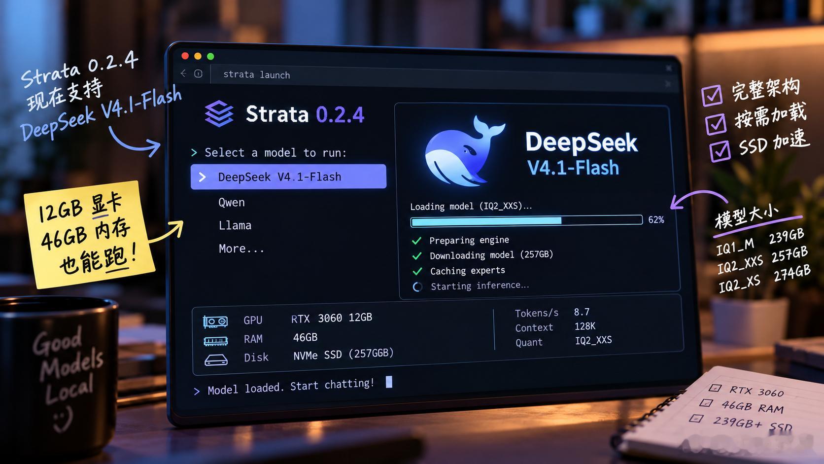 12GB 显卡就能运行 DeepSeek V4.1-Flash 了！

刚刚发布的 Strata 0.2.4，在命令行版本中加入了对 DeepSeek V4.1-Flash 的支持，在RTX 3060 12GB + 46GB RAM 的硬件条件下，跑 IQ2_XXS 量化版本能实现 8～10 tokens/s 的速度。需要 239GB+ 的 SSD 空间。

质量方面，Strata 提供 ​