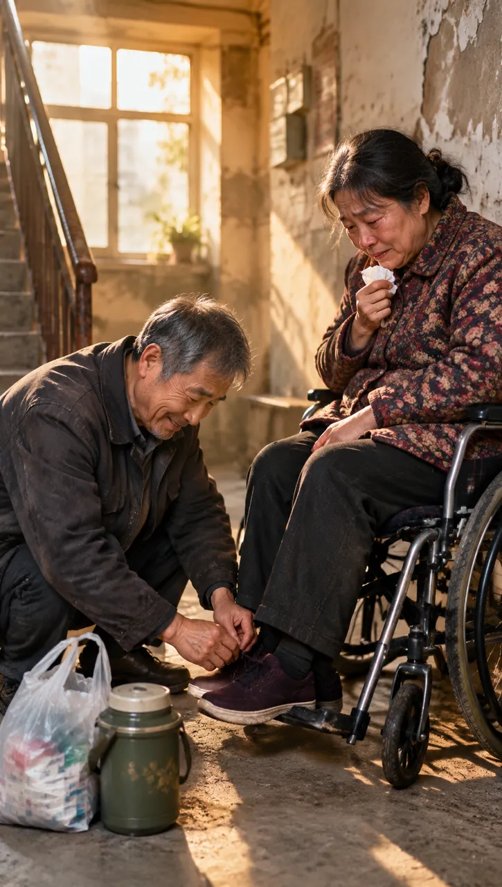 我发现老公手机里存着个叫“梅姨”的人，每周三下午都去“送药”。

我装了半年不知道的降压药，他总说忘了吃。可梅姨的对话框里，他发的却是：“今天血压正常，你放心。”

我跟踪他到老居民楼，看见他扶着一个坐轮椅的女人下楼。那女人哭着说：“你别再来了，你老婆知道了怎么办？”他蹲下给她系鞋带：“她永远不会知
