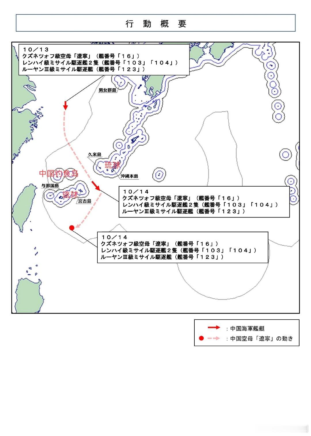 日本防卫省公布中国海军辽宁舰航母编队动向，10月14日，辽宁舰编队穿航宫古海峡进入琉球南部的西太平洋，编队包括055型万吨大驱鞍山舰和无锡舰、052DL型导弹驱逐舰“淮南”舰。

从御用摄影师拍摄的照片可以看到，辽宁舰这次携带了多架歼-15T战机前出西太。#中国海军走向深蓝# ​
