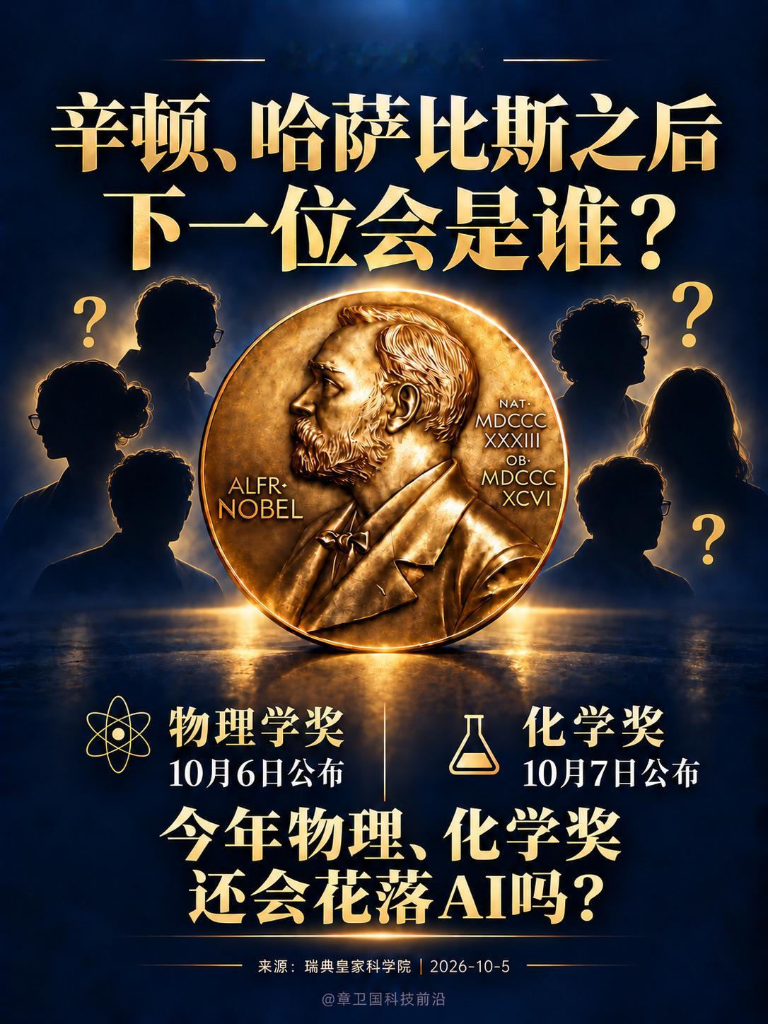 辛顿、哈萨比斯之后，下一位会是谁？今年物理、化学奖，还会花落AI吗？大胆留下你看好的人，公布后回来对答案。 2026诺贝尔奖 人工智能 辛顿 哈萨比斯