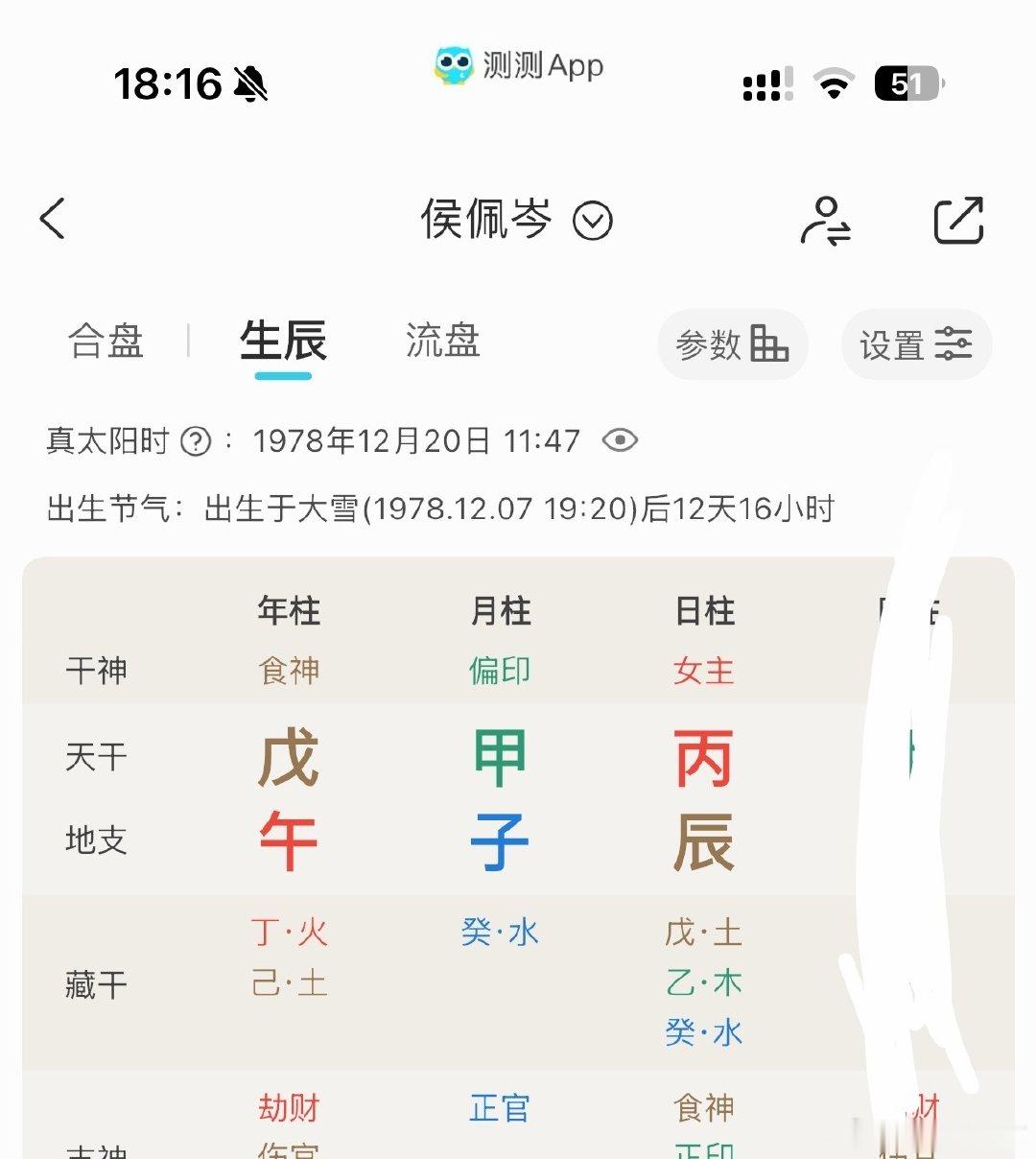 刷到小s说侯佩岑假假的
因为她身弱，又食神旺而且正官也旺也克身
身弱的食神，说好听话，有点“在表演，在强撑”
因为自我太弱了，又太想讨好别人，太想社交
丙火真不喜欢子水旺
子水正官，克身冲禄，立特别多规矩，特别消耗
官杀为忌，结婚后更被消耗，这个盘像董花花
两个人都是结婚后没光了 ​