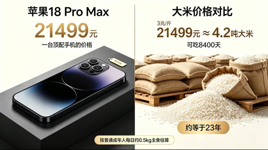 #一部iPhone到底有多贵#
一台顶配版的苹果18需要21499元，够一个人成年 人吃22年的大米 ​