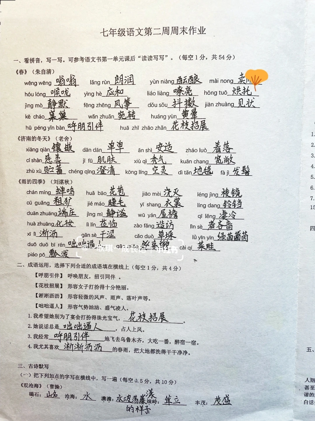 七上语文周末作业