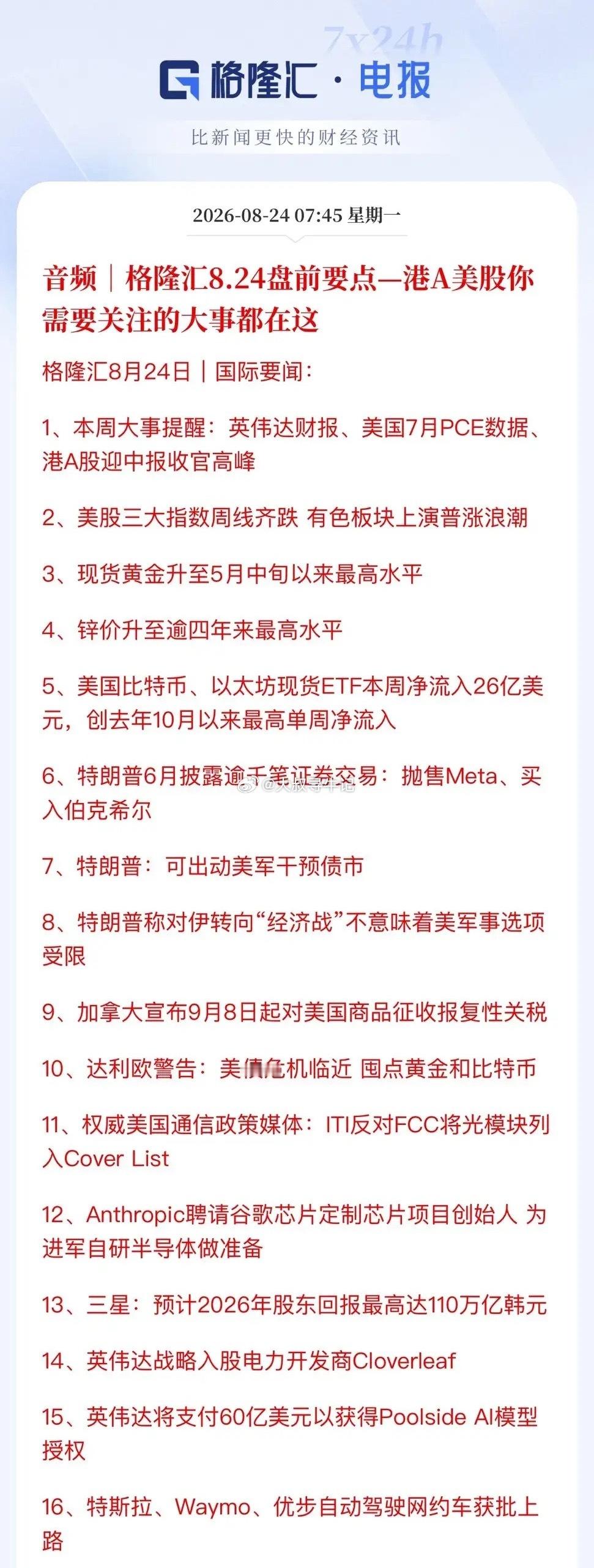 周末消息面上对A股非常友好：
1、创新药方向，白血病也变得可治！周五mRNA本轮行情风向标Moderna反包。整个创新药赛道已经悄无声息走出来了，行情开始传导到医疗服务…
2、特斯拉无人驾驶发布会在即，苹果可折叠也将于9月面世，英伟达宣布Ai服务器涨价。高级辅助驾驶德赛西威、中科创达、均胜电子、万 ​