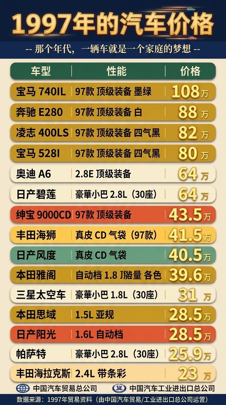 1997年的“天价”汽车：帕萨特25万，雅阁39万，当年谁买得起？

1997年汽车价格单流出，看完破防了！
 
当年宝马740iL高达108万，本田雅阁39.6万，连思域都要28.5万！要知道，那时候很多城市一套房才几万块，真是一辆车顶几套房。那个年代，一辆车就是一个家庭的终极梦想。这15款老车，