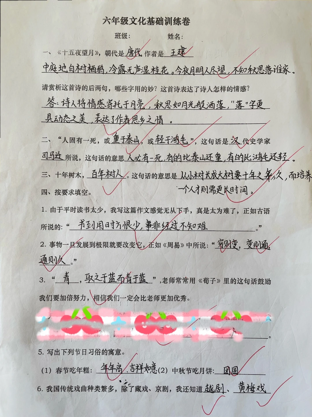 六年级下册语文✅文化基础训练卷