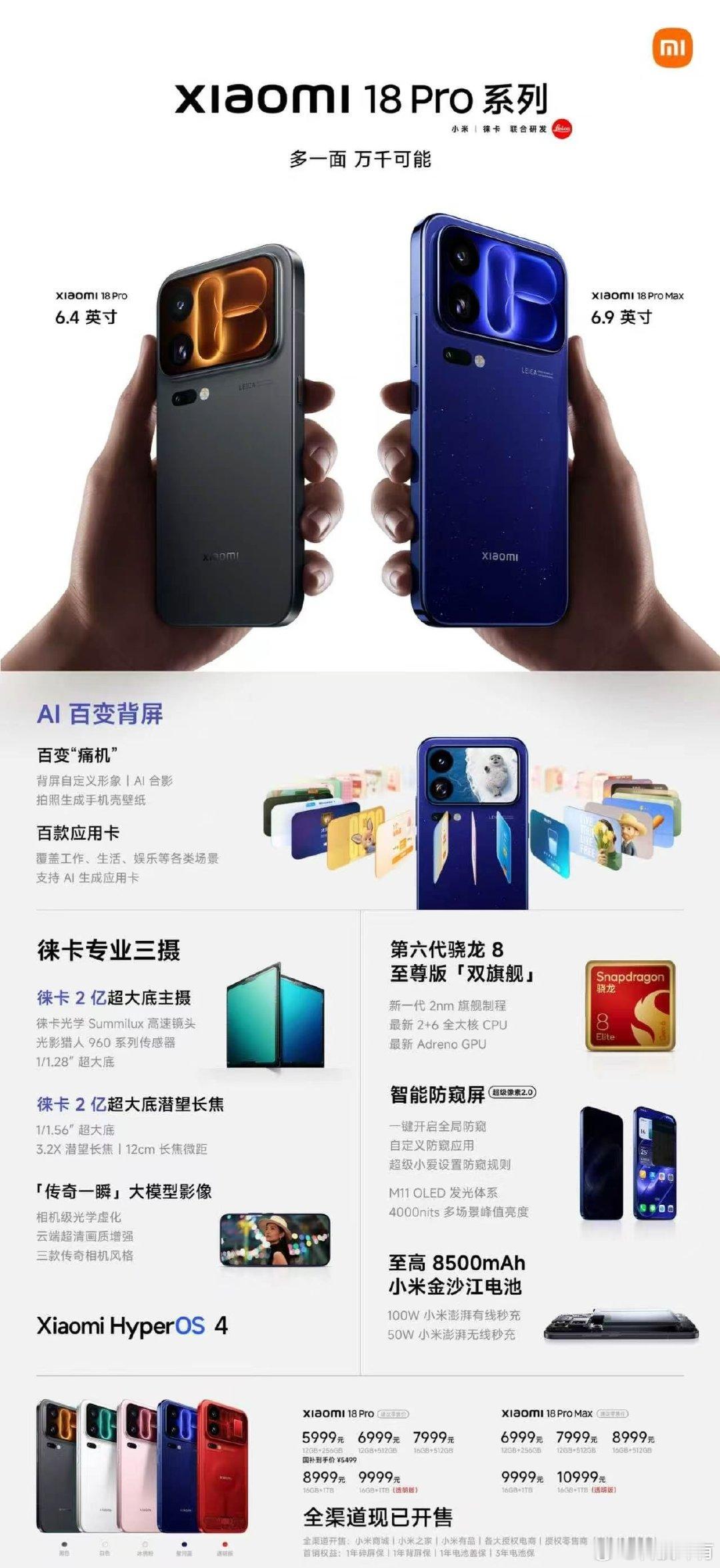 小米 18 Pro 售价 5999 起
小米 18 Pro Max 售价 6999 起
顶配 16+1TB 售价分别：8999/9999 
透明特别版顶配：10999
这个价格和 vivo X500 系列一样
比 OPPO Find X10 Pro Max 贵 200
好难选啊？[捂嘴哭] ​​​​#小米18Pro系列# ​
