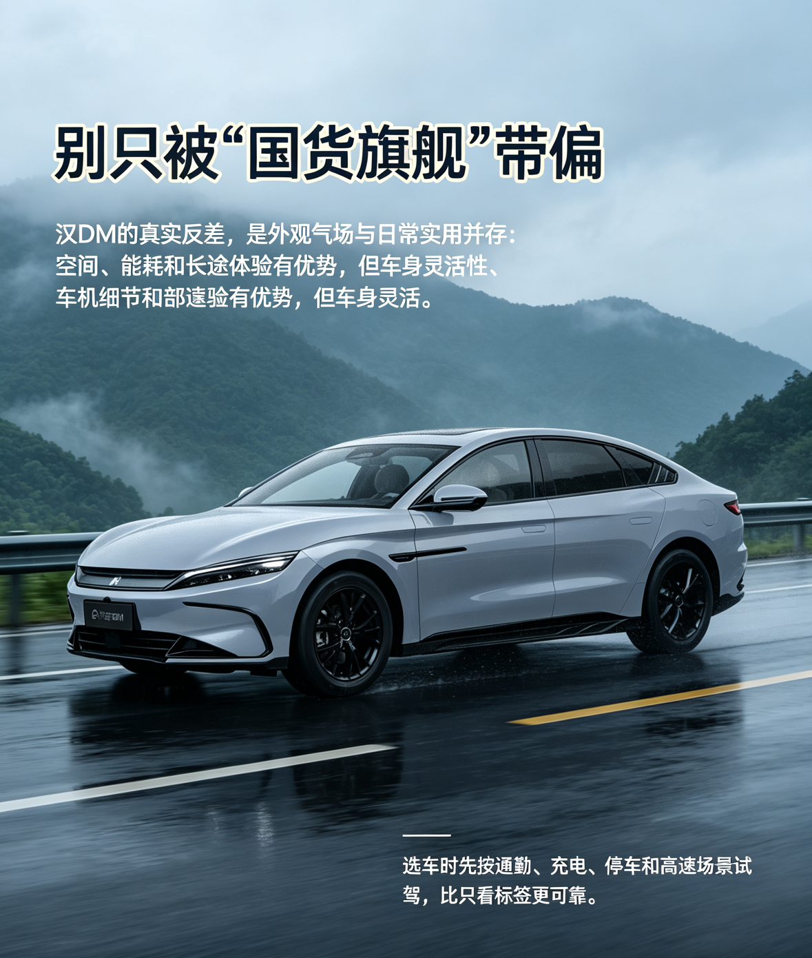 这台浅灰色比亚迪汉DM行驶在雨后山间公路上，低趴车身和修长轮廓很容易强化“旗舰轿车”印象。但讨论它时，最好先把标签放一边。真实用车中，汉DM在空间、能耗和长途体验上有优势，不过车身长度会影响掉头与停车，车机细节、部分版本配置以及低速发动机介入表现也值得试驾确认。更理性的方式，是按通勤、充电、停车和高