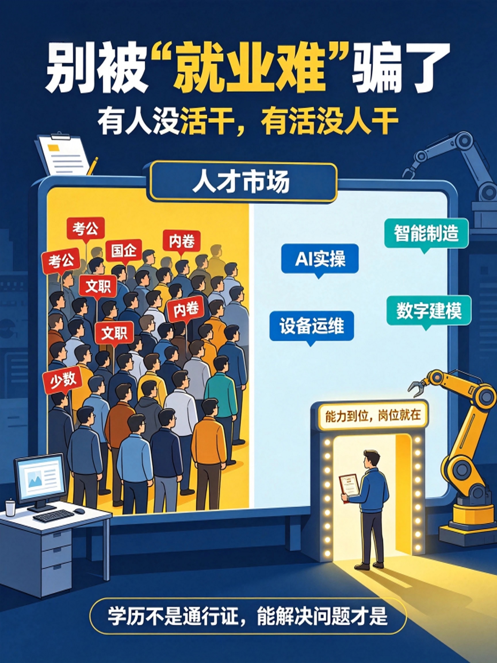别再被“就业很难”带偏！真实情况是两极分化
      现在刷短视频，到处都在说工作难找，不少年轻人投几十份简历，连个面试通知都等不到。但很多人不知道，就业市场其实是冰火两重天。
      很多办公室文职、基础行政这类岗位，一堆人抢一个名额。大家扎堆考公、进国企，就图一份安稳。很多本科生、研究生挤
