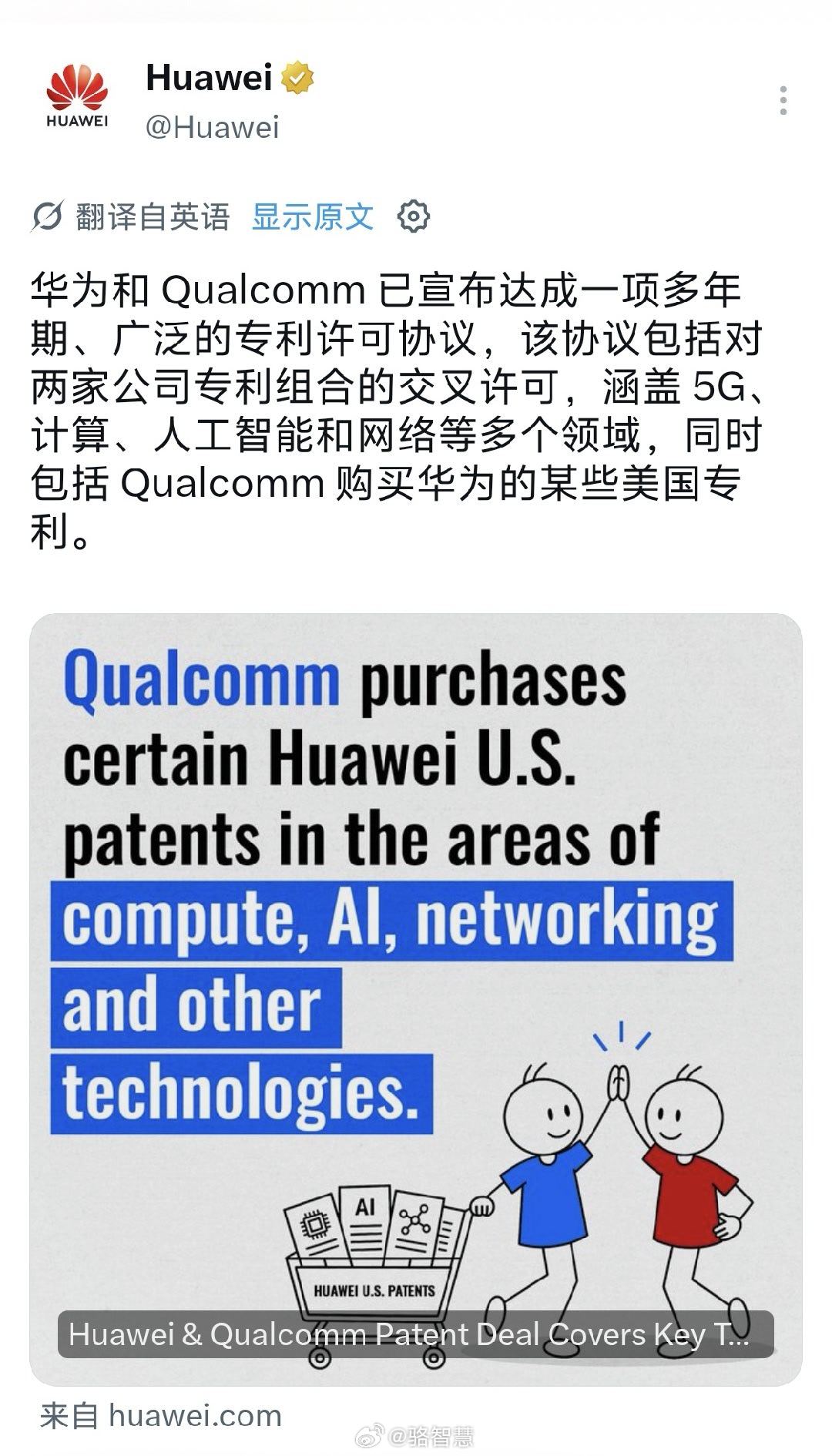 华为和高通今天签了个大协议。双方达成多年期专利交叉许可，覆盖5G、AI、计算、网络等核心技术。

不单是互相授权，高通还要购买部分华为的美国专利，涉及AI、计算和网络等领域。 #华为高通# ​