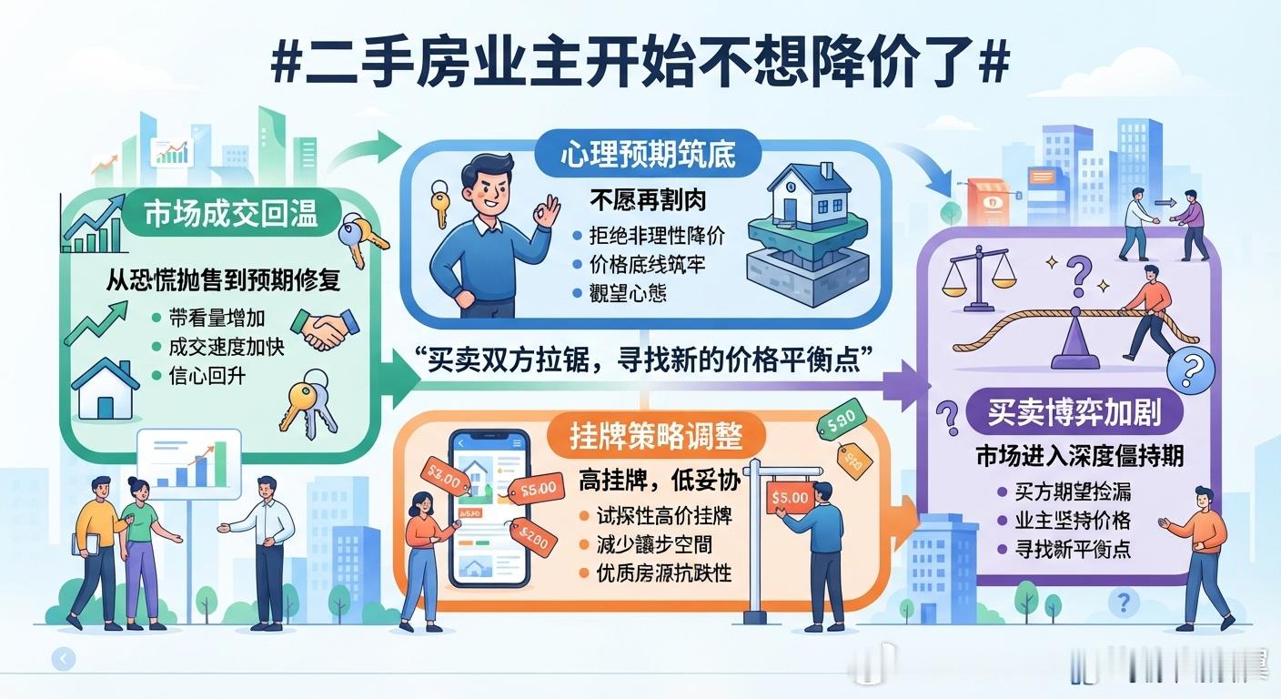 #二手房业主开始不想降价了# 在经历了一轮相对较长的价格调整后，部分核心地段、优质户型的二手房带看量和成交速度出现了一定程度的回暖。

总体来看，这并不意味着所有城市的二手房价格已经全面反弹，而是体现了市场进入深度博弈期后，业主端心理预期的一种分化与阶段性变化——刚需和优质房源的业主 ​