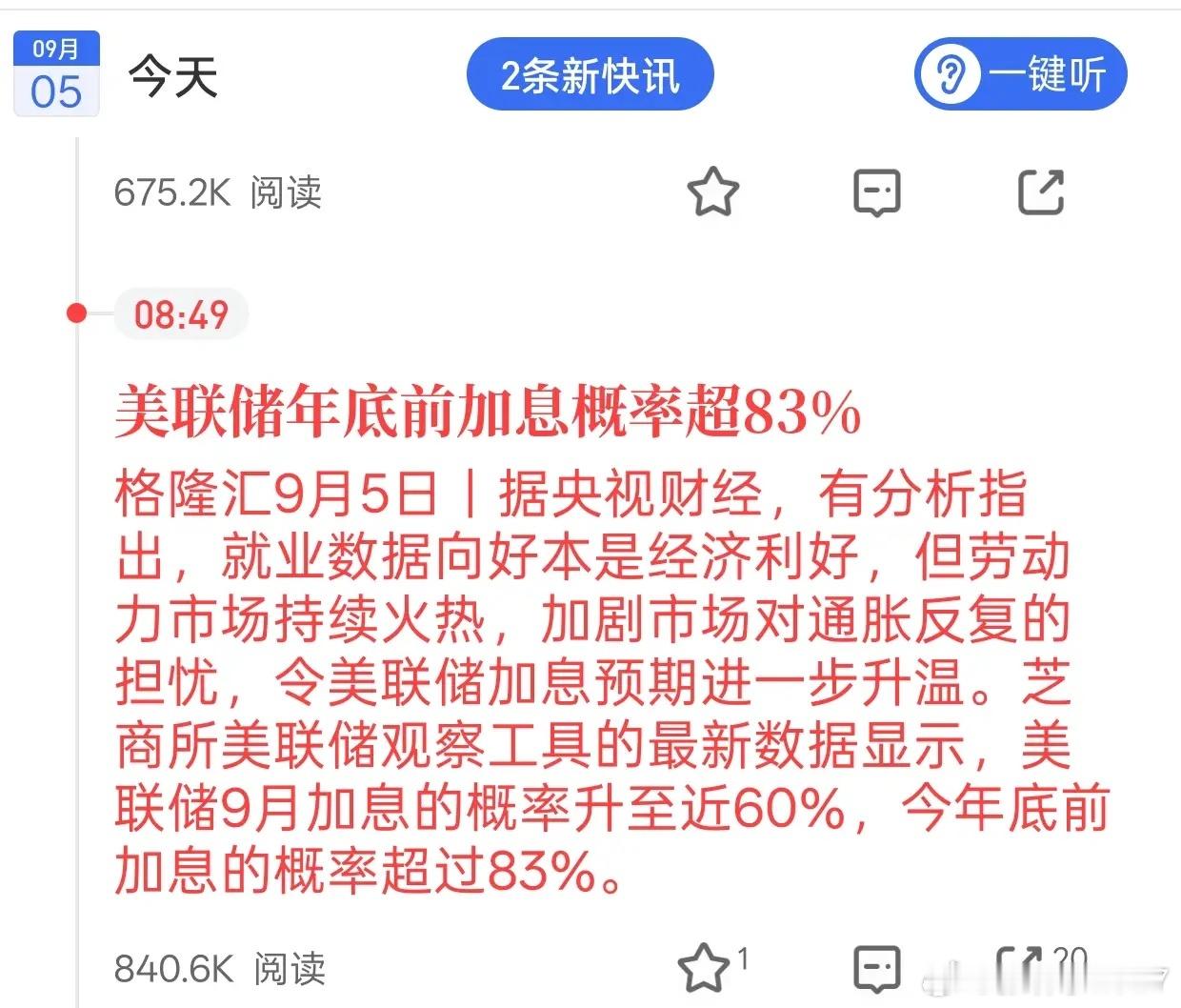 美联储加息概率飙升至83%！会怎样影响咱们A股？
 
最新数据出来，受美国就业火热影响，市场预估美联储年底前加息概率已经突破83%，9月加息概率也接近60%。对于A股来说，短期偏向利空，中长期影响有限。
 
一旦加息预期升温，美元和美债收益率就容易走高，最直接的压力就是北向资金。外资大概率会出现谨 ​