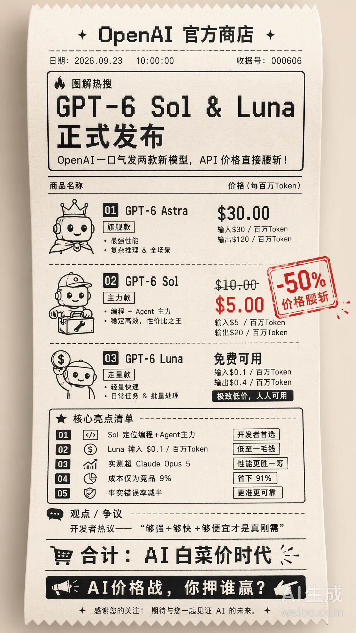 今天OpenAI正式发布了GPT-6 Sol和GPT-6 Luna两款新模型，距离旗舰款Astra上线才不到三周，这波节奏属实有点猛。

几个核心要点：

· GPT-6 Sol定位「高性能主力」，主打编程、复杂任务和Agent场景。API价格比上一代促销价再降50%，输入$