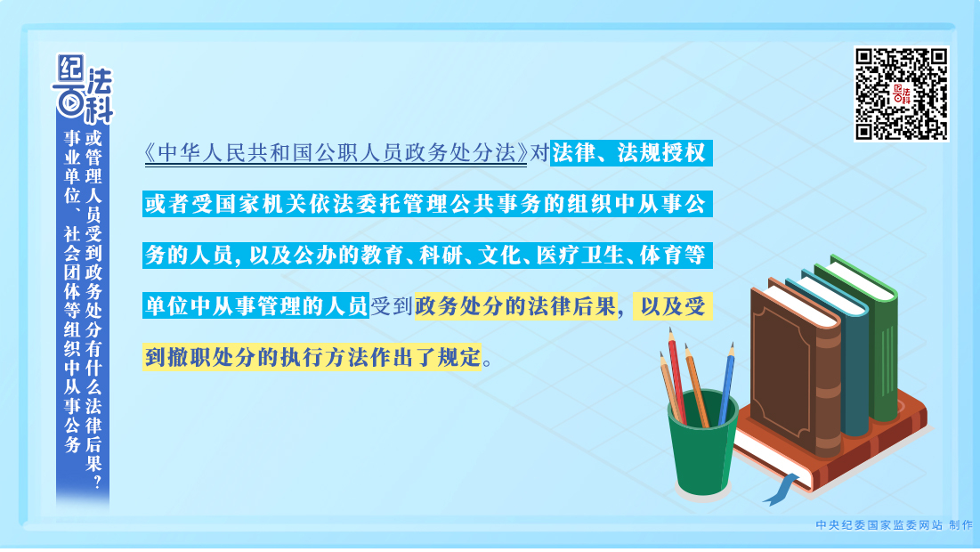【#纪法百科#丨事业单位、社会团体等组织中从事公务或管理人员受到政务处分有什么法律后果？】《中华人民共和国公职人员政务处分法》第二十条规定，法律、法规授权或者受国家机关依法委托管理公共事务的组织中从事公务的人员，以及公办的教育、科研、文化、医疗卫生、体育等单位中从事管理的人员，在政 ​