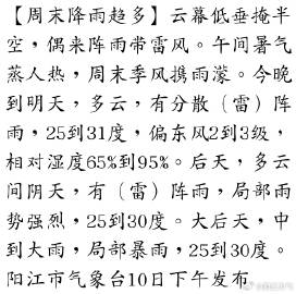 【周末降雨趋多】云幕低垂掩半空，偶来阵雨带雷风。午间暑气蒸人热，周末季...