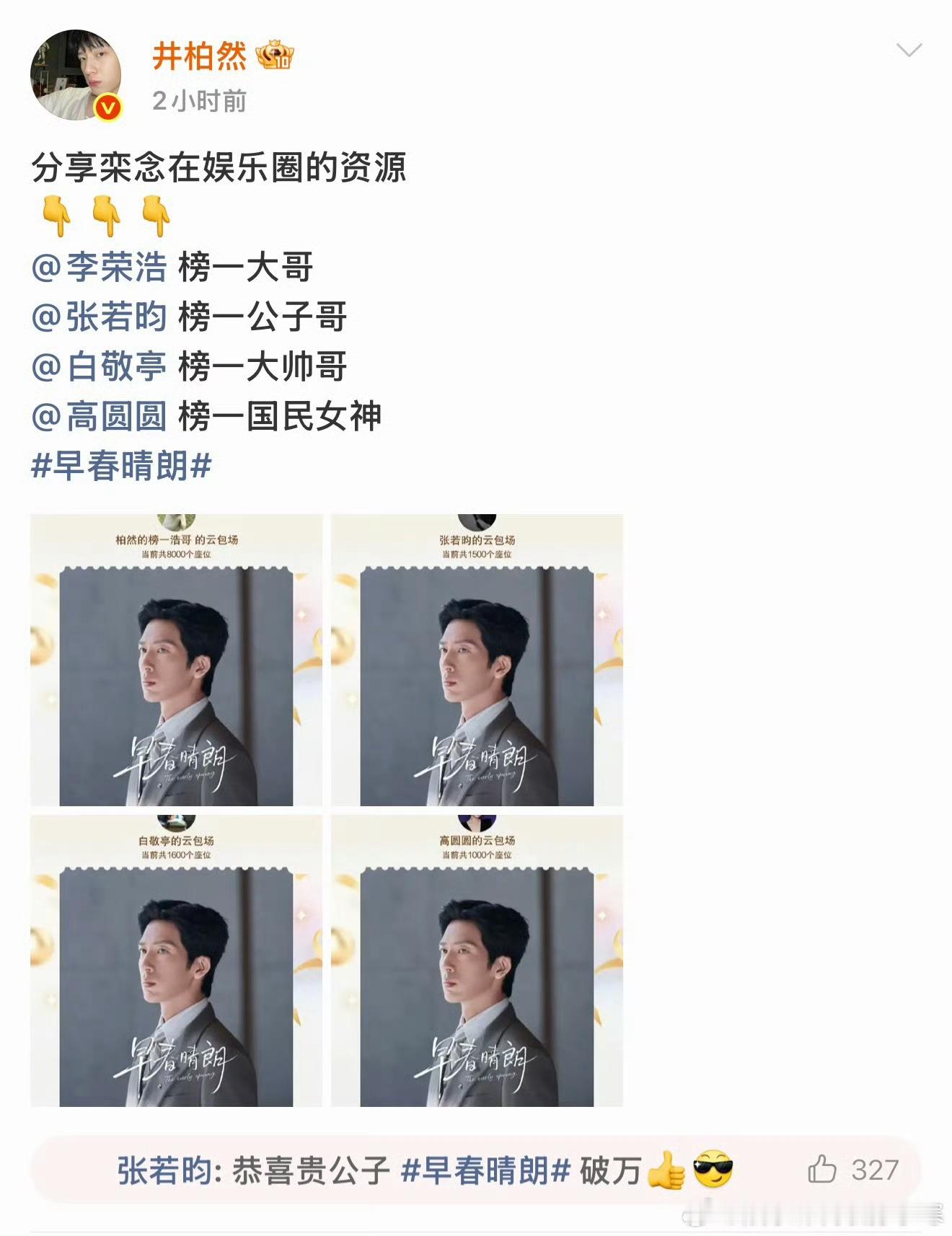 #张若昀恭喜井柏然早春晴朗破万#
《早春晴朗》热度破万，圈内好友的应援太有看点✨
 
张若昀直接豪气云包场1500个座位，总价值超4.5万，配文“随小井先生于初秋邂逅早春”氛围感拉满。井柏然发文感谢一众好友助力，还特意艾特张若昀，戏称他为“榜一公子哥”，张若昀转发回贺“贵公子破万”，互动趣味 ​
