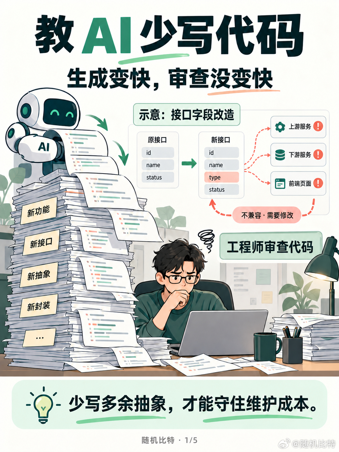 AI 写代码越来越快，代码审查却不会按相同比例提速。一个接口字段改造，如果被包进多层继承、中间件和事件调度里，新增代码就会变成今后的理解、测试和排障负担。提交量提高，也可能把人工审查堵住。

这篇文章把约束放在三处：入口快速校验，非法参数立即停止；采用独立无状态单元进行组合，避免把新 ​