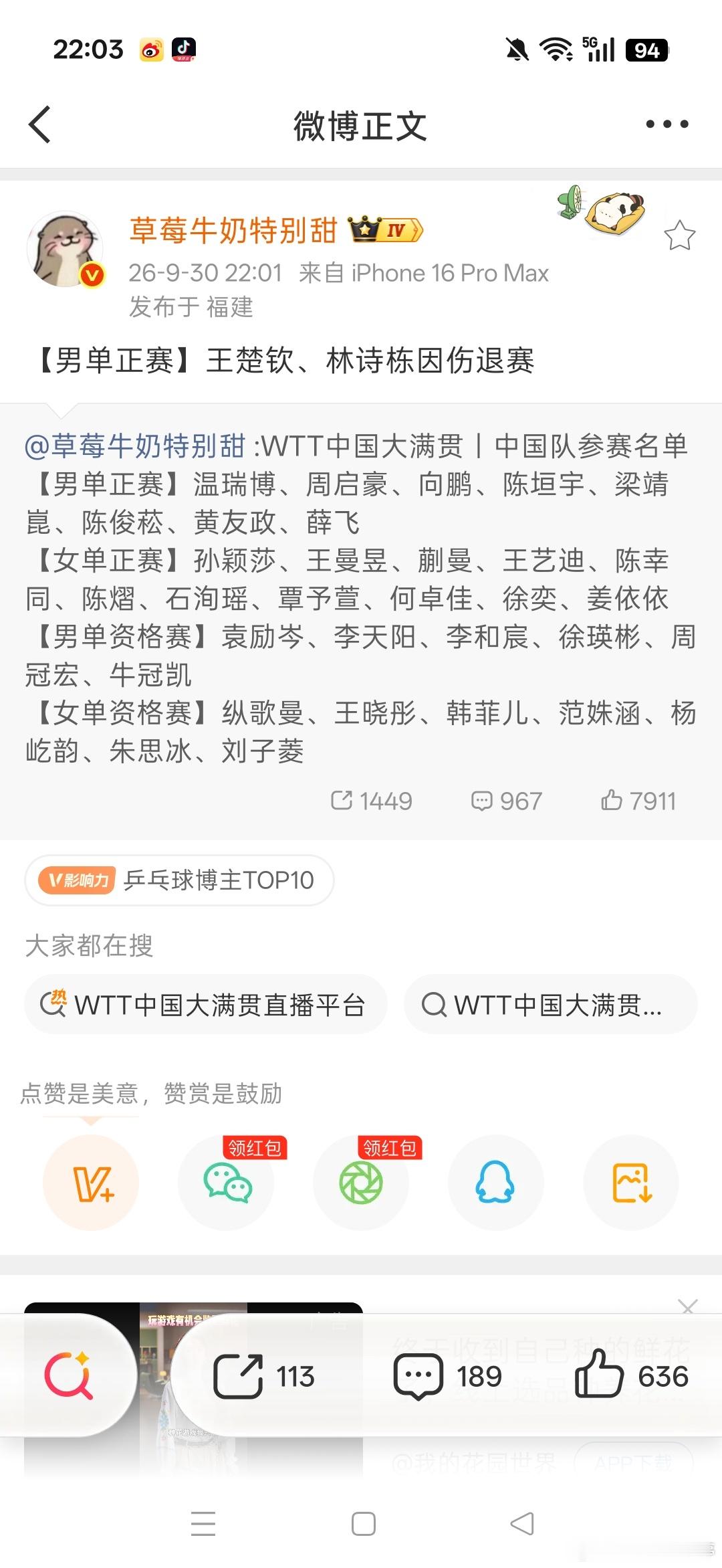 【WTT中国大满贯｜王楚钦、林诗栋因伤退出男单正赛】
WTT中国大满贯更新参赛信息，王楚钦、林诗栋因伤病退出男单正赛。
✅更新后中国队名单
【男单正赛】温瑞博、周启豪、向鹏、陈垣宇、梁靖崑、陈俊菘、黄友政、薛飞
【女单正赛】孙颖莎、王曼昱、蒯曼、王艺迪、陈幸同、陈熠、石洵瑶、覃予萱、何卓佳 ​