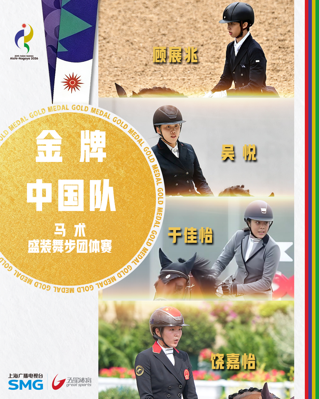 “马”上取突破！“盛装”迎金牌！
2026爱知·名古屋亚运会马术盛装舞步团体赛中，中国选手顾展兆、于佳怡、吴悦、饶嘉怡联袂出战，最终以208.148分摘得金牌！韩国队205.265分获得银牌，日本队204.117分获得铜牌。
此前，中国队曾在广州亚运会和杭州亚运会上两夺该项目银牌。在名古屋亚运会的赛场上，中 ​