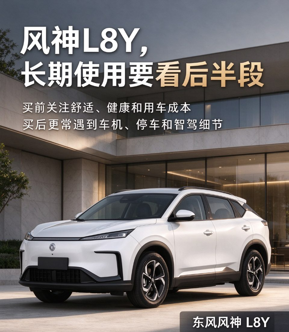 东风风神 L8Y长期用，要看 “后半段”
风神 L8Y 的长期讨论，明显分成两段。买前，用户更关注舒适、健康座舱和用车成本；买后，真实困扰更多集中在车机、窄位停车和智驾细节。因此，判断它是否适合长期使用，不能只看购车瞬间的吸引力。买前吸引力主要来自三点。第一，座椅舒适，主副驾功能丰富，适合长时间乘坐