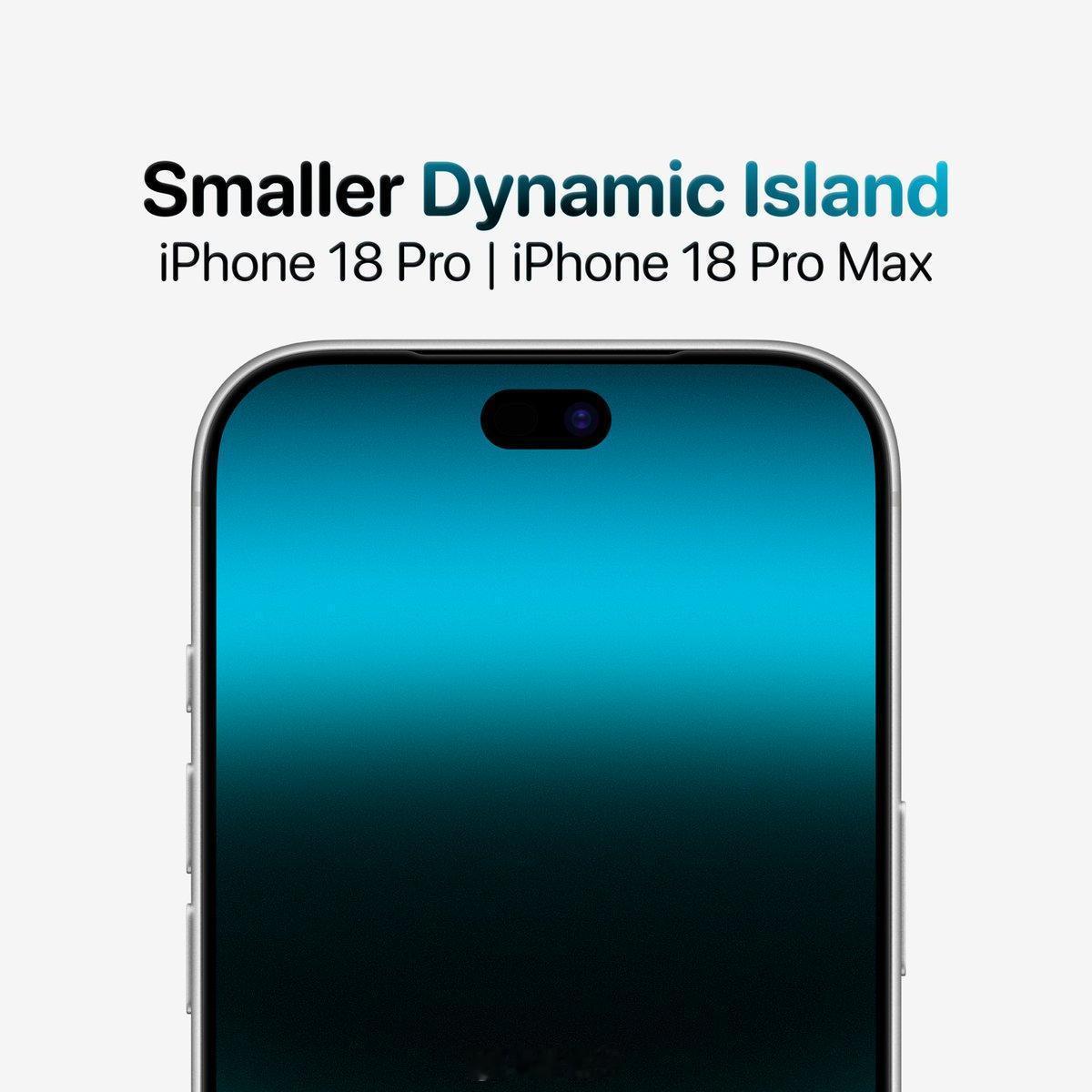 【#曝iPhone18Pro灵动岛大瘦身#】

2022：🏝️━━━━━━🏝️
2026：     🏝️━━━🏝️

这可能就是 iPhone 18 Pro 的正面变化。

爆料称，新机灵动岛宽度会从约 20.76mm 缩到 13.49mm，足足窄约 35%。

苹果据称会把部分 Face ID 元件移到屏幕下，但前摄和部分传感器仍然保留，所以「岛」 ​