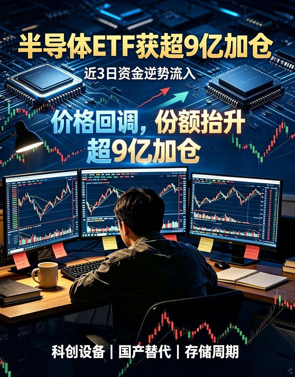 资金逆势动手！华泰柏瑞科创半导体设备ETF，近3日获得超9亿资金加仓。
 
盘面调整，指数承压，但资金并没有全盘撤离。反而借震荡窗口，大举布局半导体设备、材料方向。
价格在回调，份额持续抬升，典型的跌下来吸筹信号。
 
赛道逻辑上：存储周期回暖、AI算力资本开支不减，叠加国产替代持续推进，半导 ​