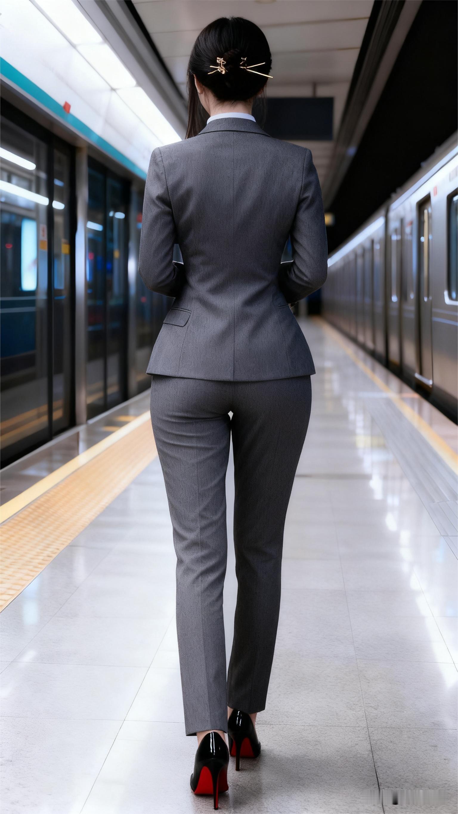 今日地铁通勤，被一位穿职业装的美女狠狠惊艳！剪裁利落的深色西装衬得身形...