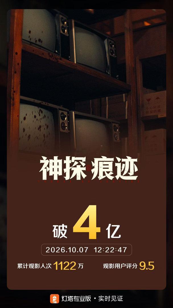 #神探之痕迹票房破4亿# 据灯塔专业版实时数据，截至10月7日12时22分，影片《神探之痕迹》票房突破4亿。 ​