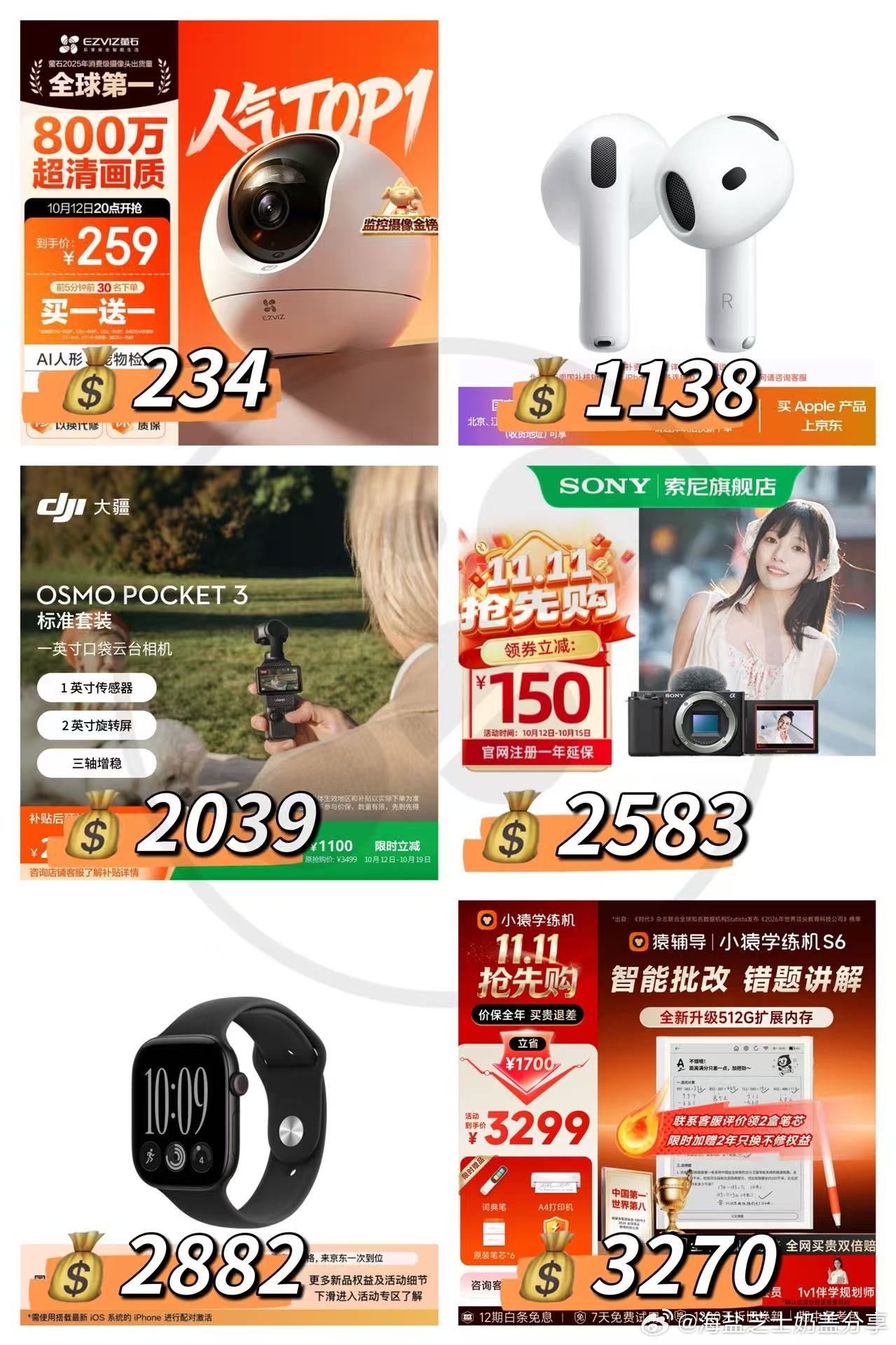11.11📷现货开抢
🔺以旧换新，0元起换新机

✅萤石C6c监控摄像头💰234
✅苹果 AirPods 5耳机💰1138
✔支持主动降噪，无线充电盒
✅大疆DJI Osmo Pocket3💰2039
✅索尼ZV-E10K APS-C微单💰2583 ​