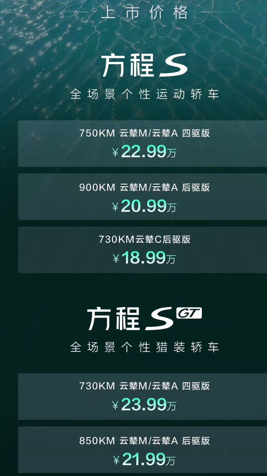 什么？你跟我说方程S的起售价只要18.99万？顶配只要22.99万？方程SGT起售价只要21.99万，顶配只要23.99万？
这么好的技术，这么低的价格，对比友商，简直就是降维打击啊！
比亚迪你真的太狠了！
没办法阻击了，方程S跟方程SGT绝对是要爆单的节奏！[呲牙]