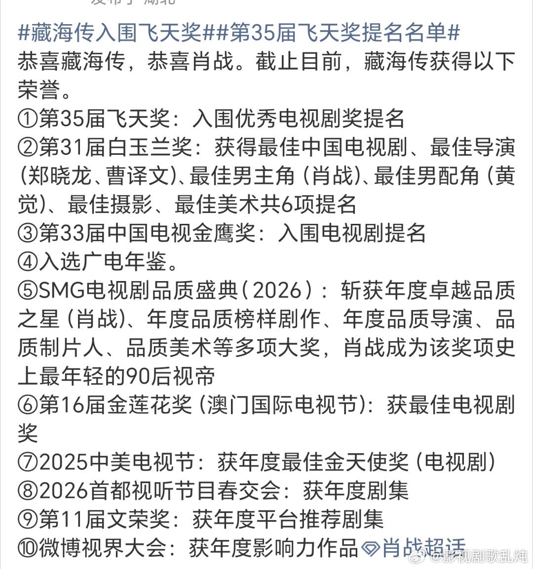 #肖战作品连续三届提名飞天奖#恭喜藏海传啊！恭喜肖战。藏海传播出以来战果辉煌。 ​