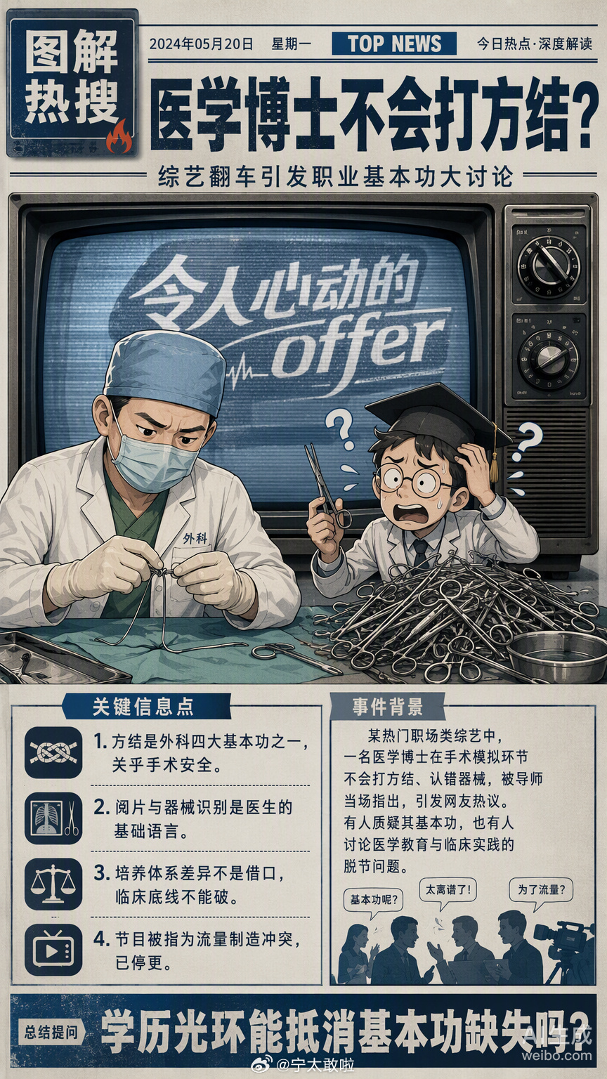 24岁海归医学博士在综艺里因为不会打方结、看不懂核磁片被刷，这事儿听着挺魔幻，细想又在情理之中。

方结是外科四大基本功之一，方向相反的两个单结组成，着力均匀还不易滑脱。在手术台上，高质量方结直接关系到术后并发症和风险控制。如果连这个都要靠器械代劳，那遇到突发止血或者深部结扎时，岂不 ​