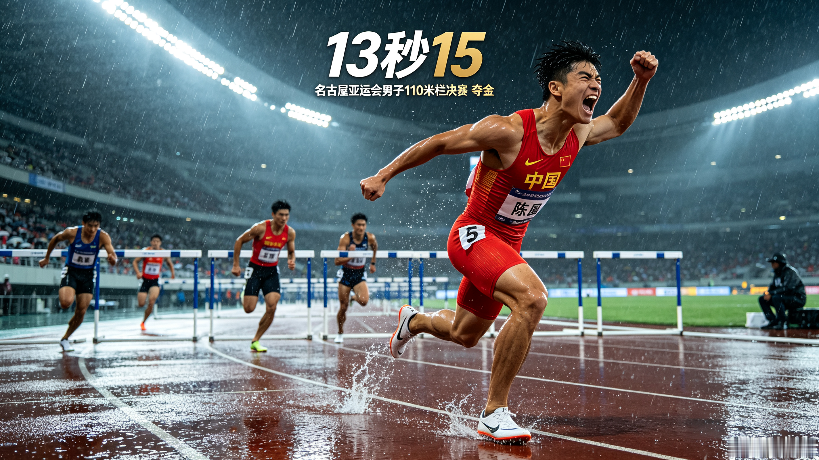 20岁的小将陈圆将在名古屋亚运会男子110米栏决赛中跑出13秒15，霸气夺金。

那天的雨把赛道浇得湿滑，栏架仿佛也在等着看谁先脚软。陈圆将起跑并不占优，栏间节奏却稳得像上了发条，一个栏、两个栏，硬是在后半程把对手甩在身后。

冲线那一刻，他仰天呐喊，喊出了憋了许久的劲。这枚金牌，是中国男子110米