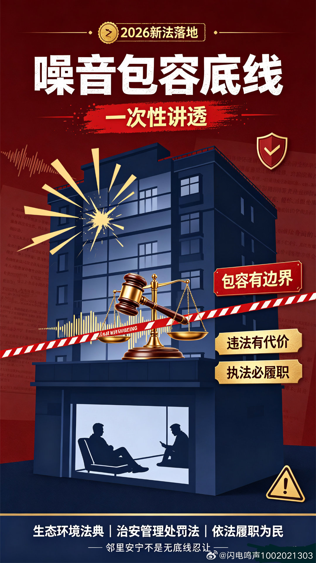 2026新法落地！居民区噪音包容底线一次性讲透！执法必须依法履职、为民执法！

厘清居民区噪音容忍边界，依法履职守护百姓安宁
 
《中华人民共和国生态环境法典》已于2026年8月15日施行，法典明确划定邻里噪声边界，家庭日常活动应当控制声响，避免干扰周边住户，邻里之间存在合理包容义务，但包容绝非 ​