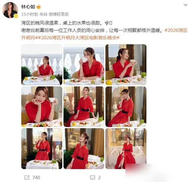 49岁林心如往台上一站，全网都在找她那根黑腰带。
9月20日大湾区晚会，她跟苏有朋、古巨基合体唱《情深深雨濛濛》。别人穿高定拼暴露，她穿条Ralph Lauren红衬衫裙就上去了。收腰，黑带，低马尾，口红涂满。
没硬凹少女感，没打针打到脸僵。镜头怼脸，该有的细纹一条不少，但整个人松快、透亮，像刚