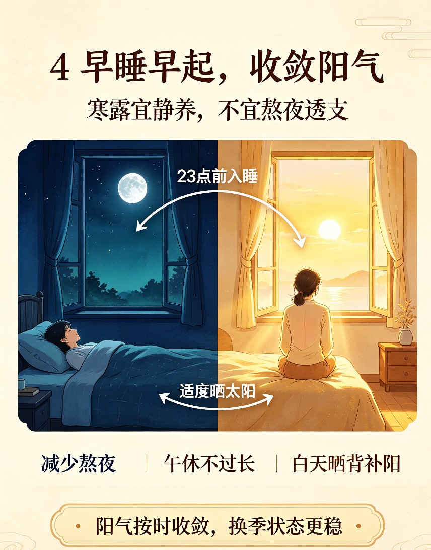 寒露一到，百病滋生！牢记5个养生重点，安稳度过秋冬交替期
 
二十四节气里，寒露是真正意义上的“换季分水岭”。                                                     

老话常说：“白露身不露，寒露脚不露”。

白露过后，早晚转凉；而寒露一到，气温骤