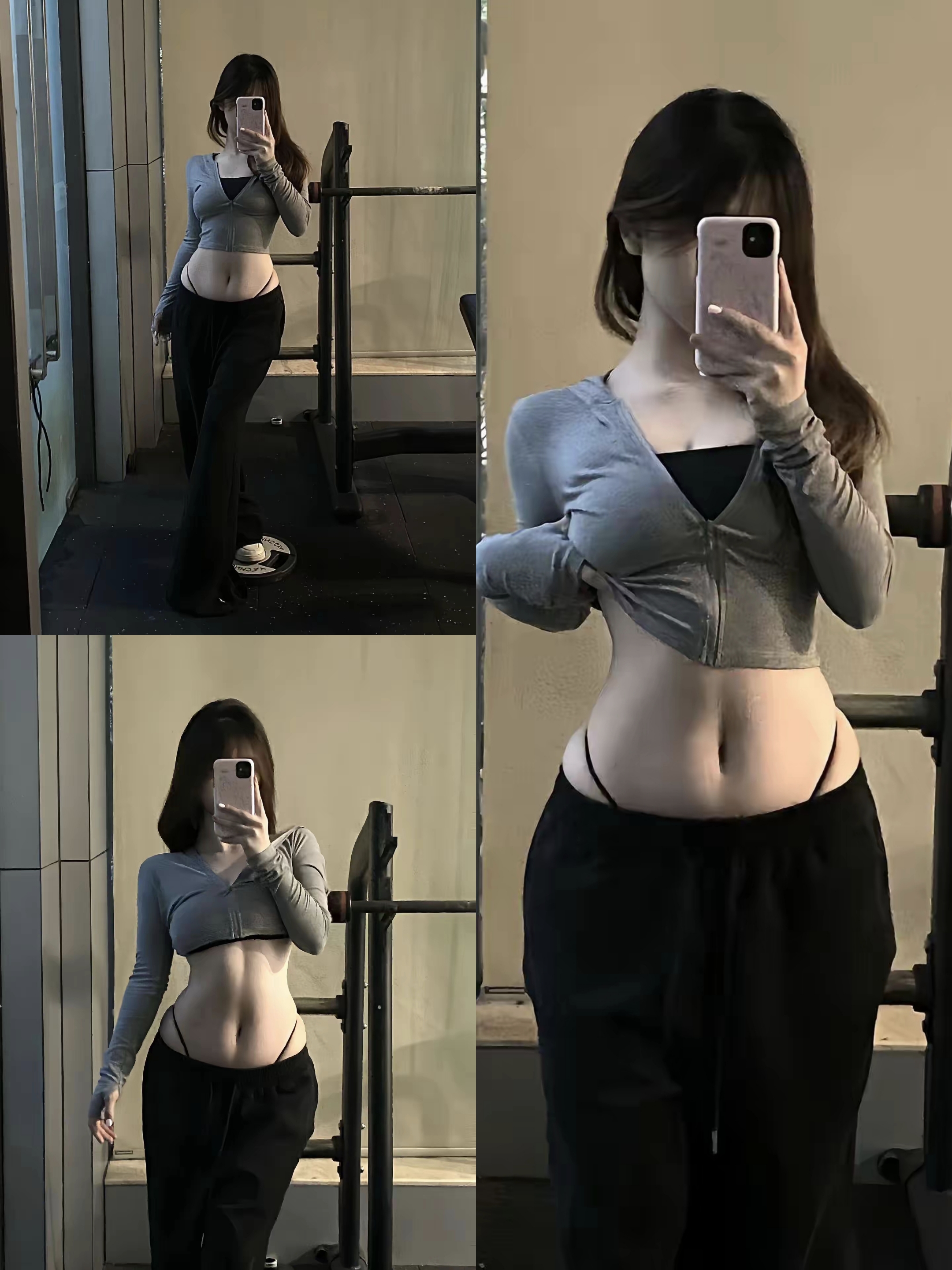 在健身房自拍的女生，身着灰色短款拉链上衣与黑色阔腿裤，展示不同角度的身...