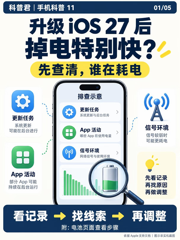 升级iOS27后掉电快？先查谁在耗电